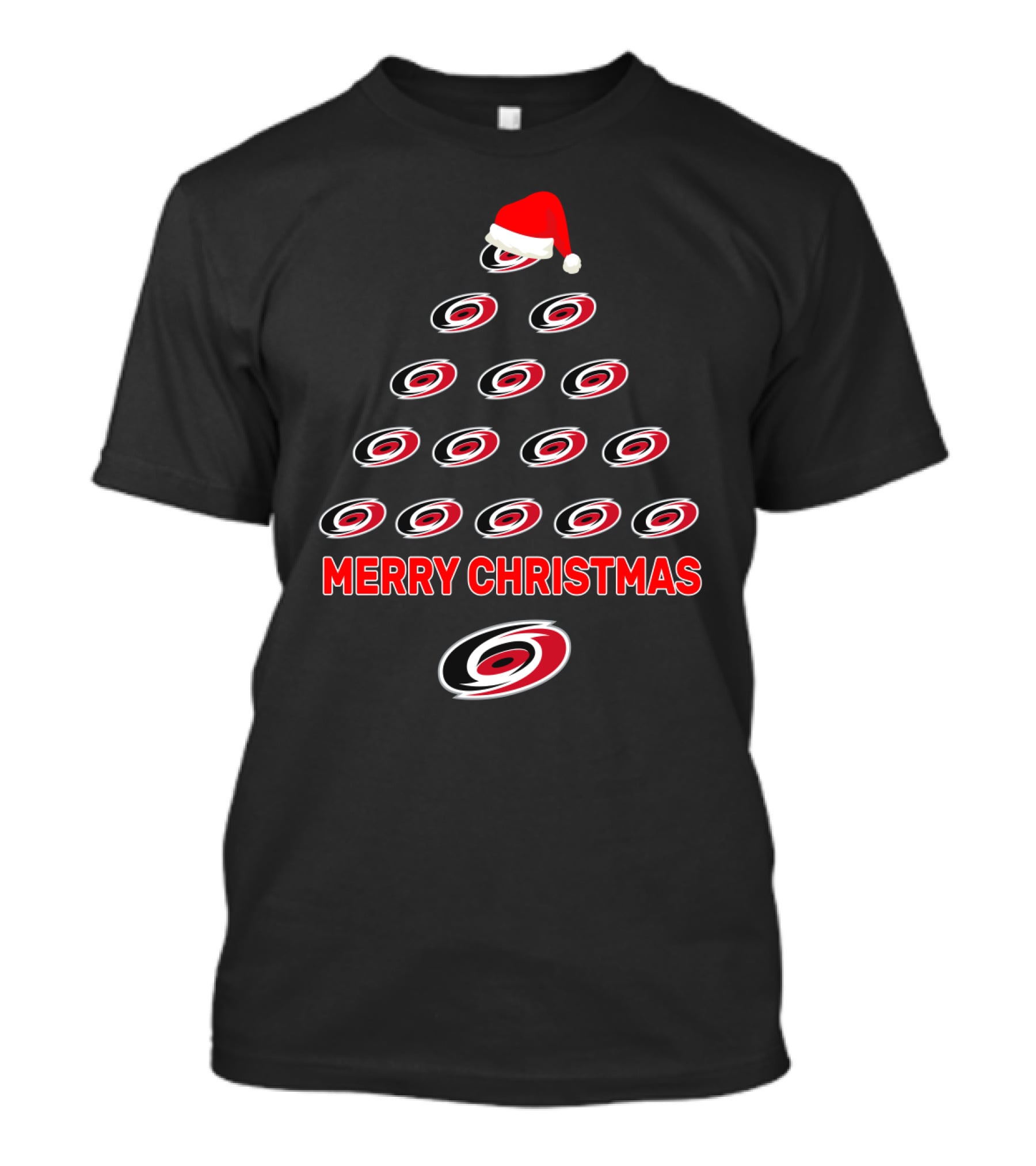Merry Christmas Carolina Hurricanes Logo Christmas Tree With Santa Hat T-Shirt