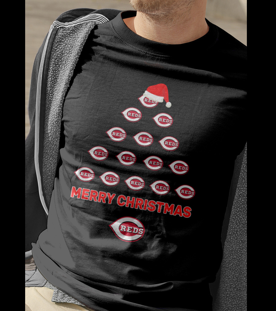 Merry Christmas Cincinnati Reds Logos In Tree Formation With Santa Hat T-Shirt
