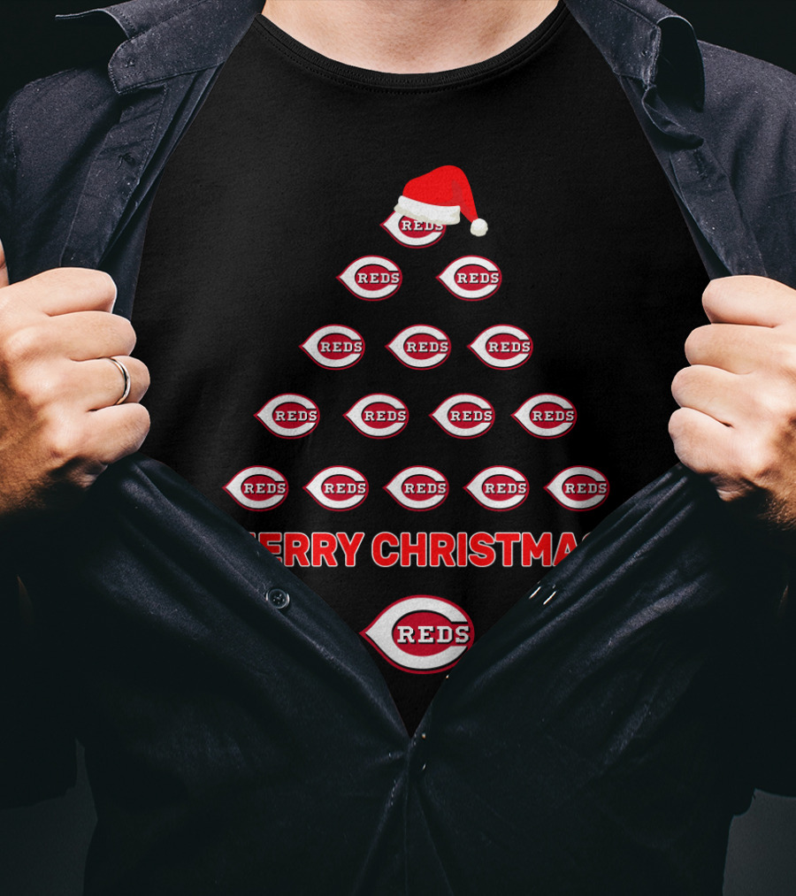 Merry Christmas Cincinnati Reds Logos In Tree Formation With Santa Hat T-Shirt