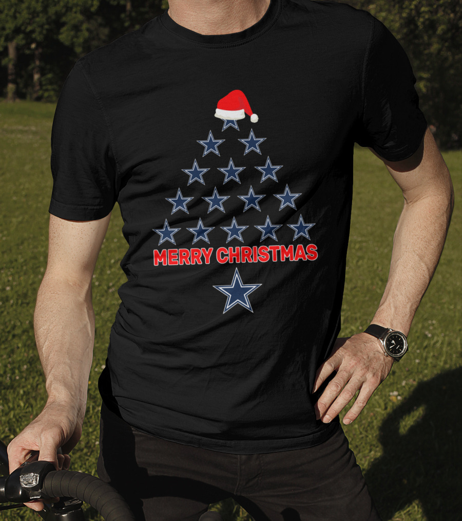Merry Christmas Dallas Cowboys Stars Tree With Santa Hat T-Shirt