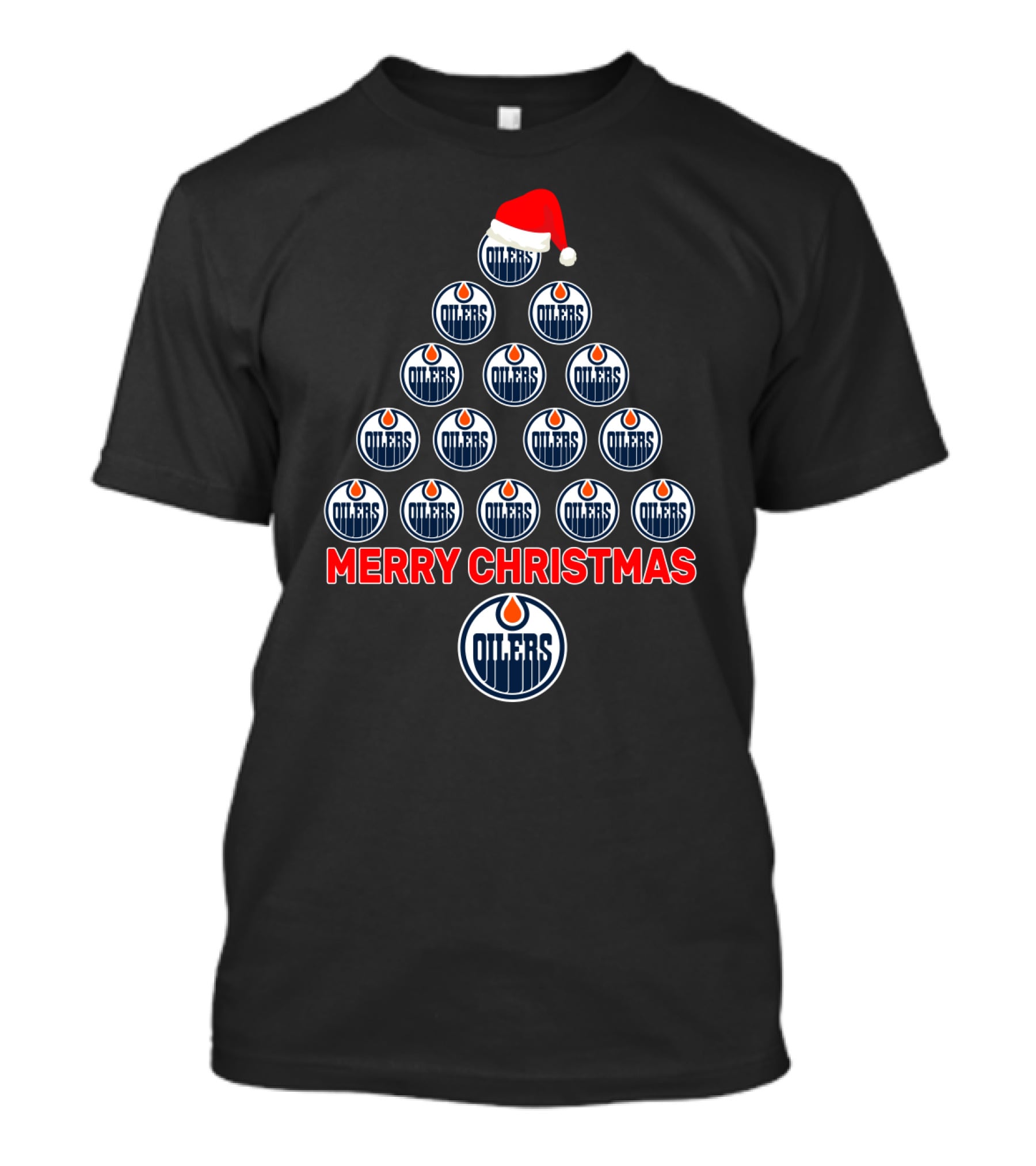 Merry Christmas Edmonton Oilers Tree With Logos And Santa Hat T-Shirt