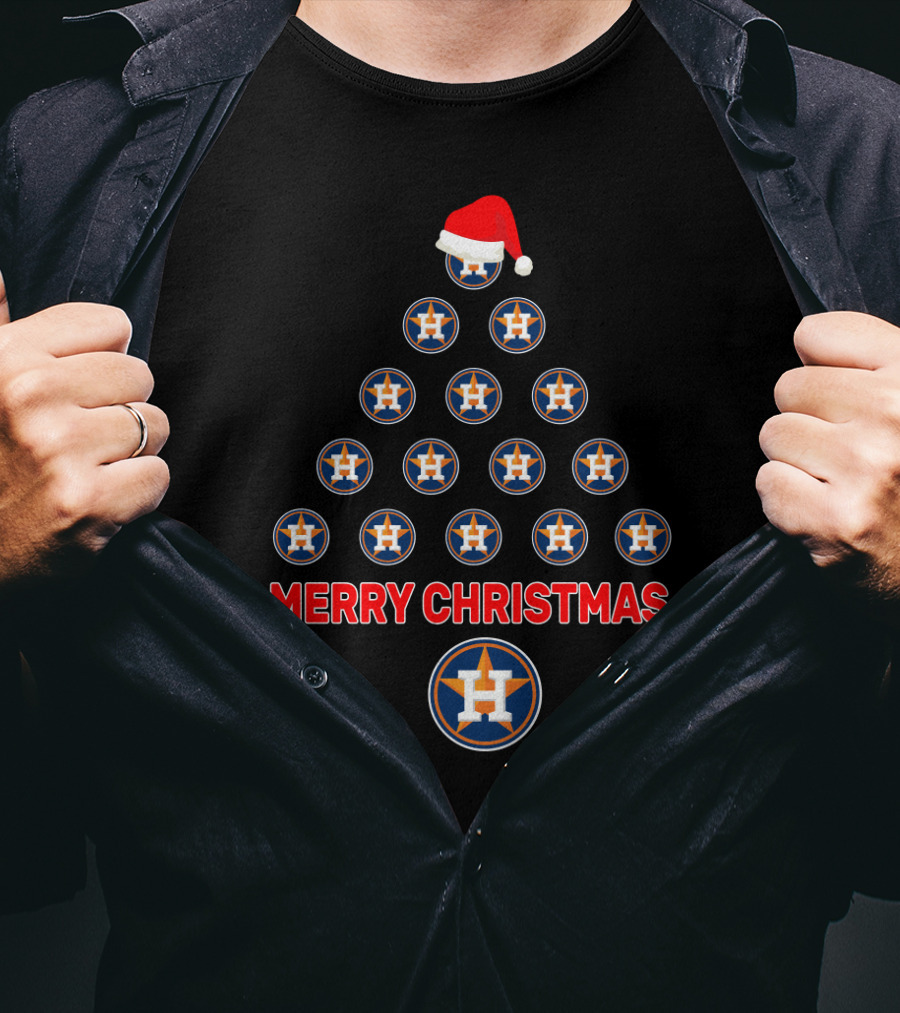 Merry Christmas Houston Astros Fans Tree With Santa Hat T-Shirt