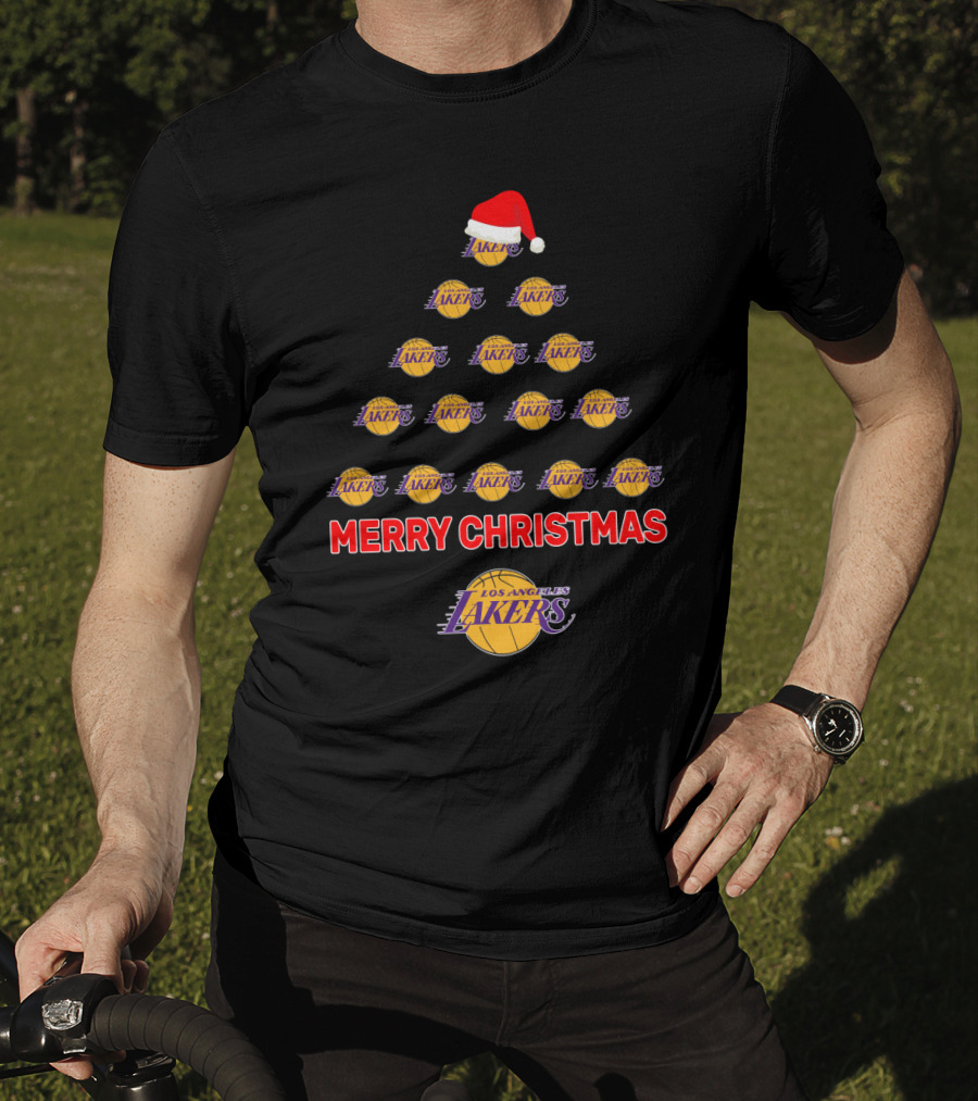 Merry Christmas Los Angeles Lakers Fans Tree Logo Santa Hat T-Shirt