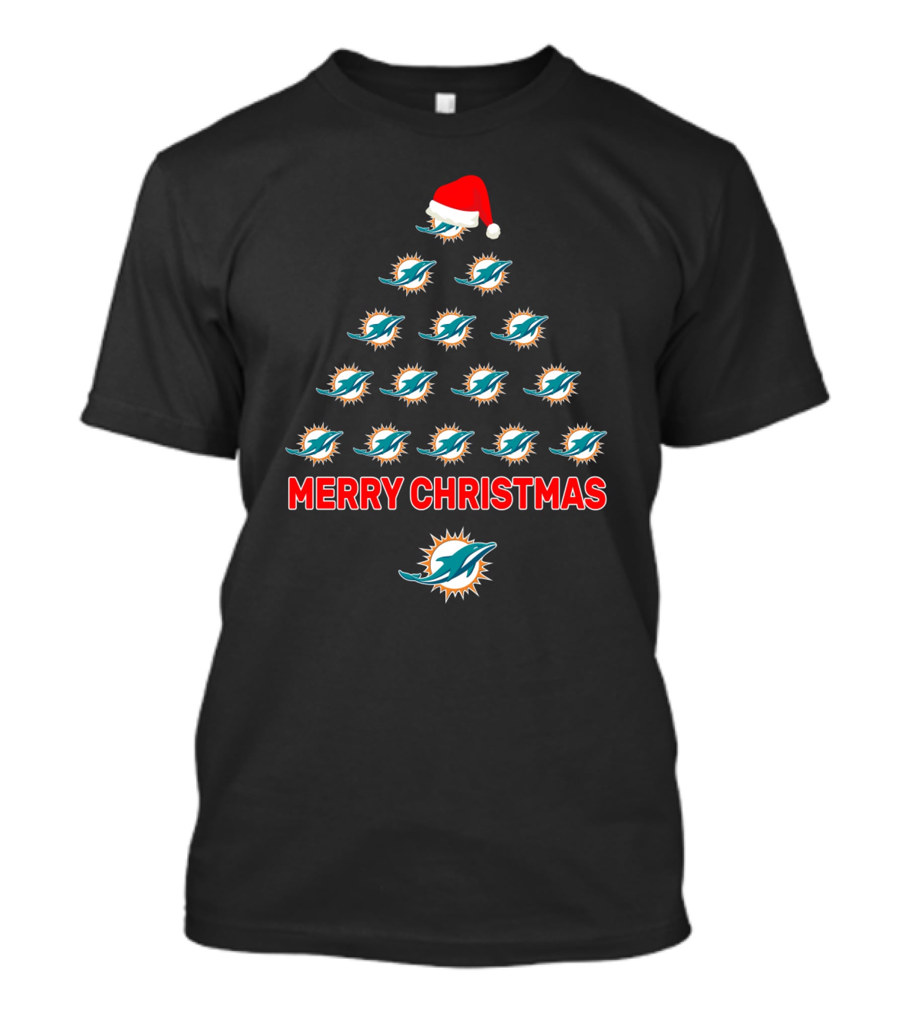 Merry Christmas Tree Miami Dolphins Logo Santa Hat T-Shirt