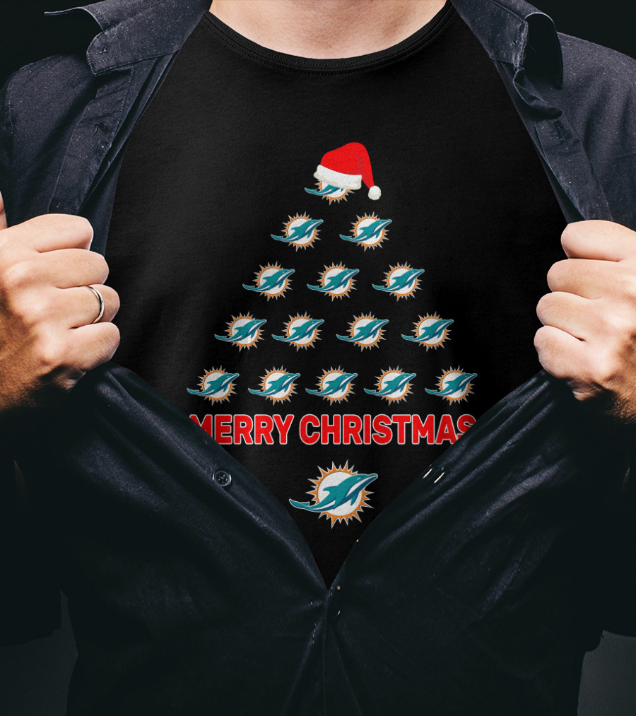 Merry Christmas Tree Miami Dolphins Logo Santa Hat T-Shirt
