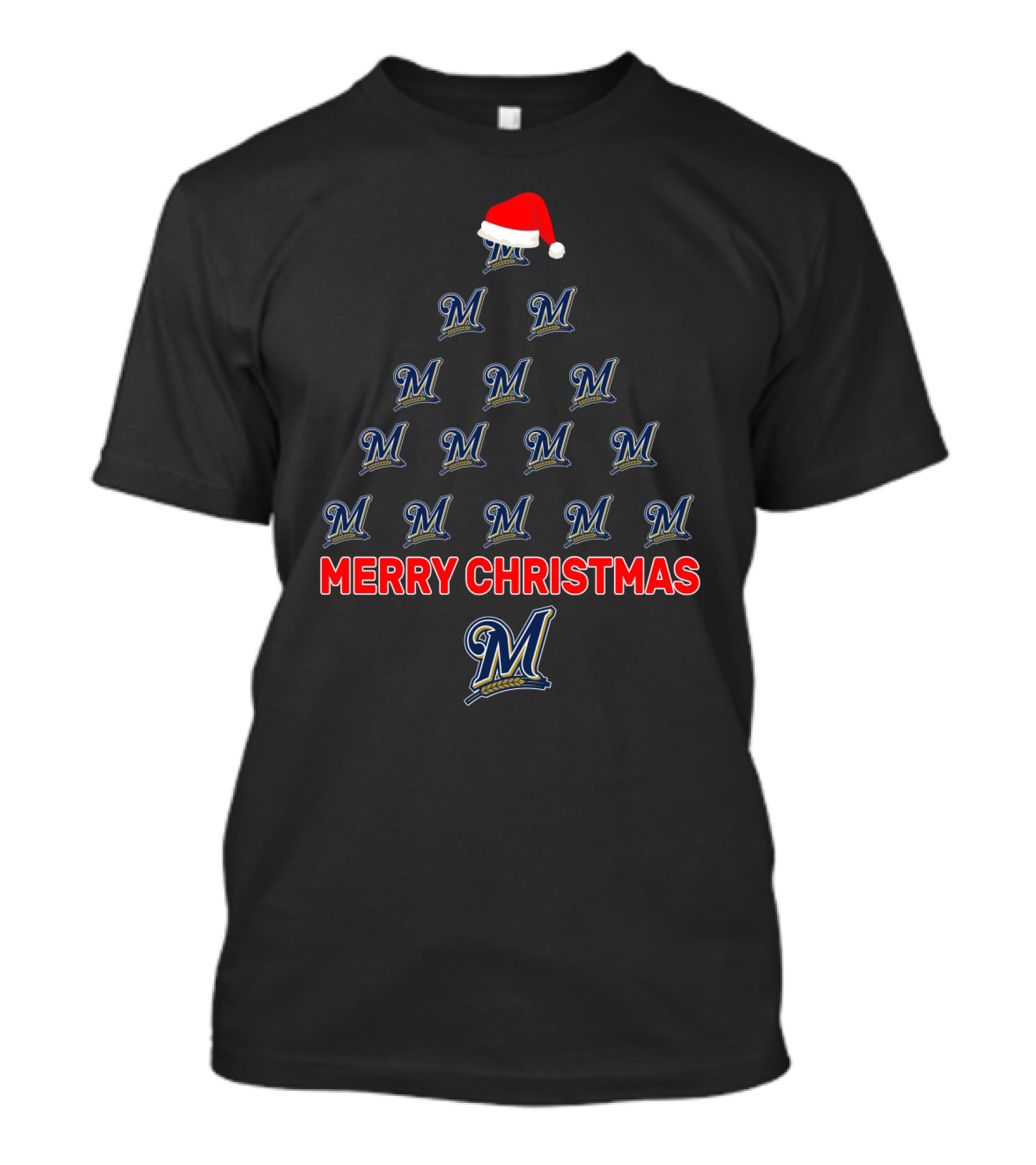 Merry Christmas Milwaukee Brewers Logos Shaped As A Tree With Santa Hat T-Shirt