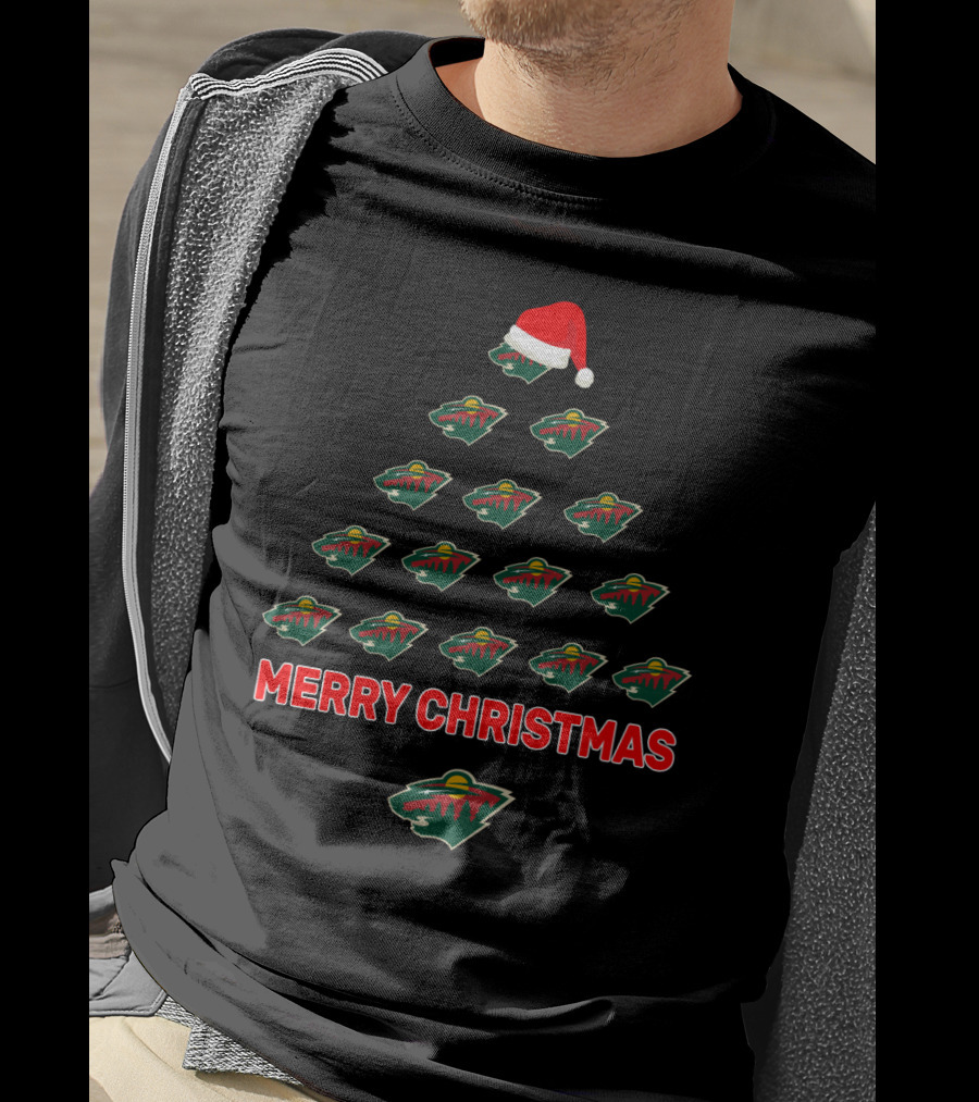 Minnesota Wild Merry Christmas Tree Design With Team Logos And Santa Hat T-Shirt