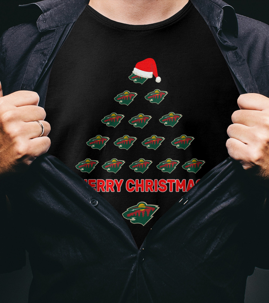 Minnesota Wild Merry Christmas Tree Design With Team Logos And Santa Hat T-Shirt