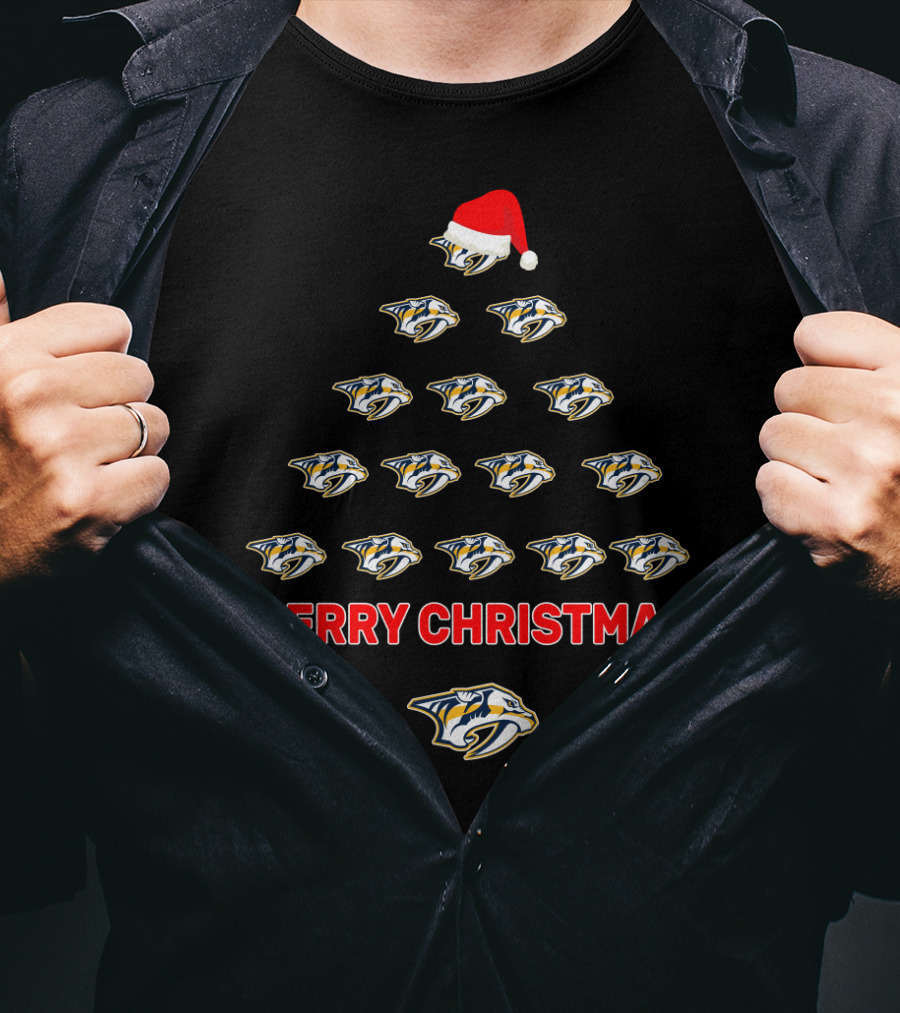 Merry Christmas Nashville Predators Fans Santa Hat Tree Holiday Decor T-Shirt