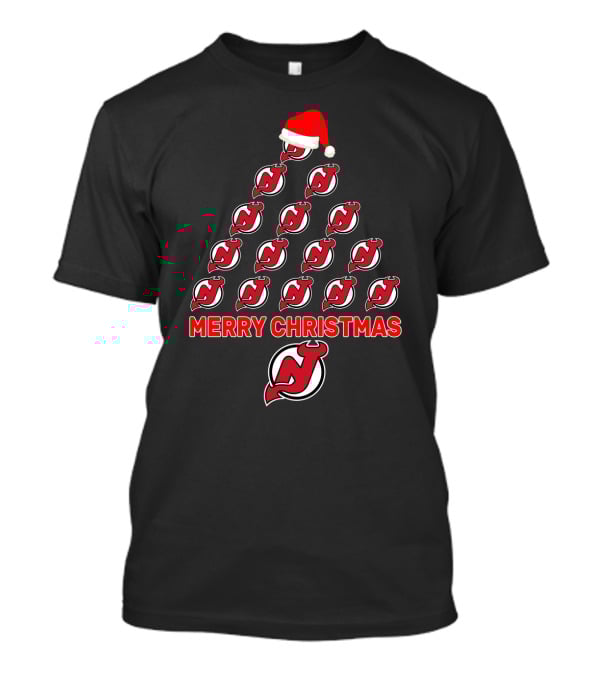 Merry Christmas New Jersey Devils Logo Tree With Santa Hat For Fans T-Shirt