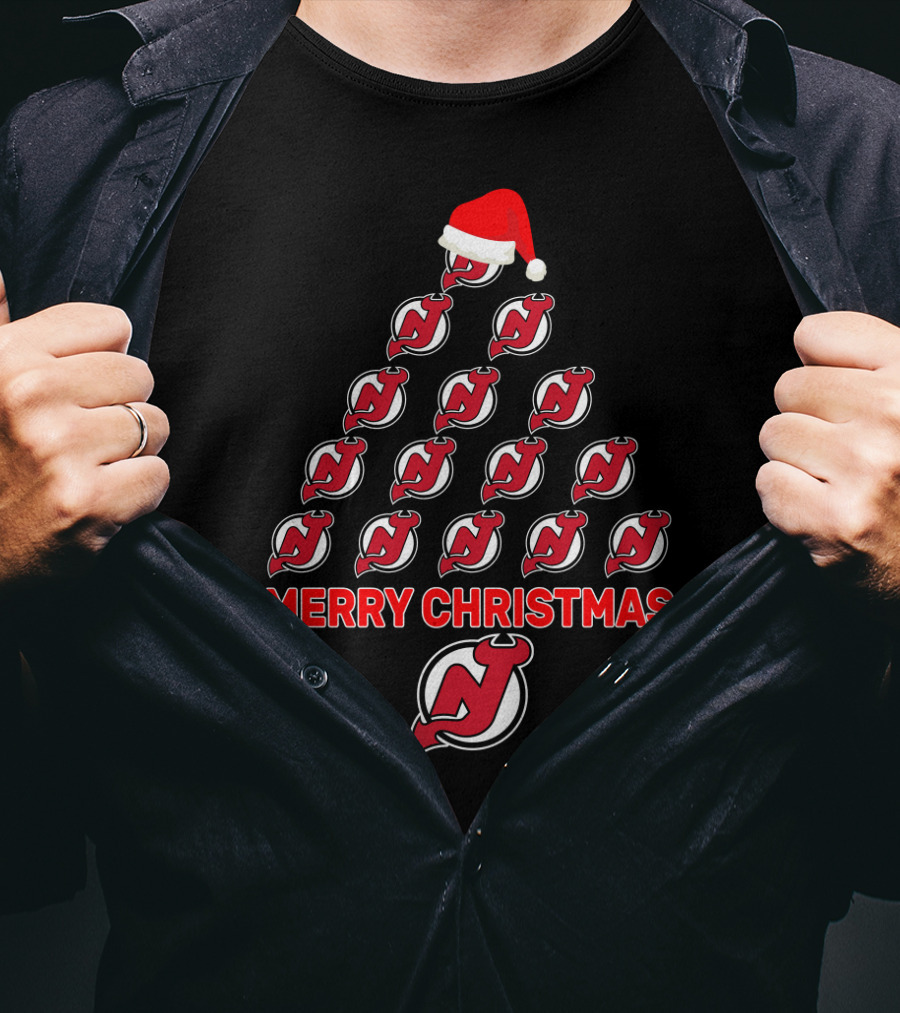 Merry Christmas New Jersey Devils Logo Tree With Santa Hat For Fans T-Shirt