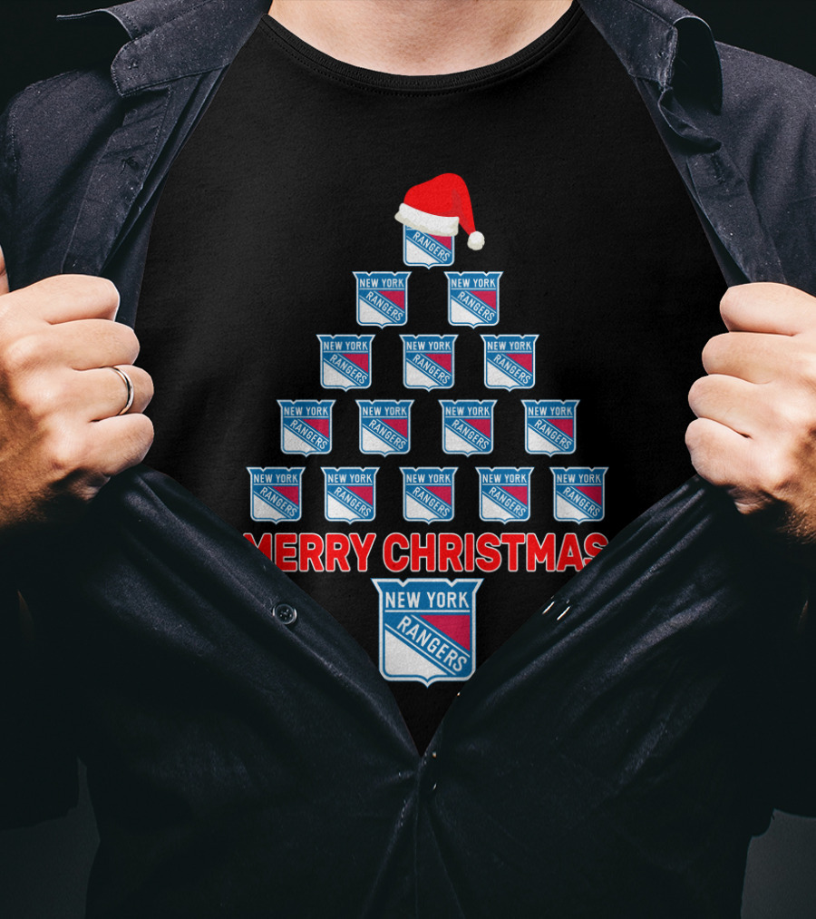 Merry Christmas New York Rangers Logo Tree With Santa Hat T-Shirt