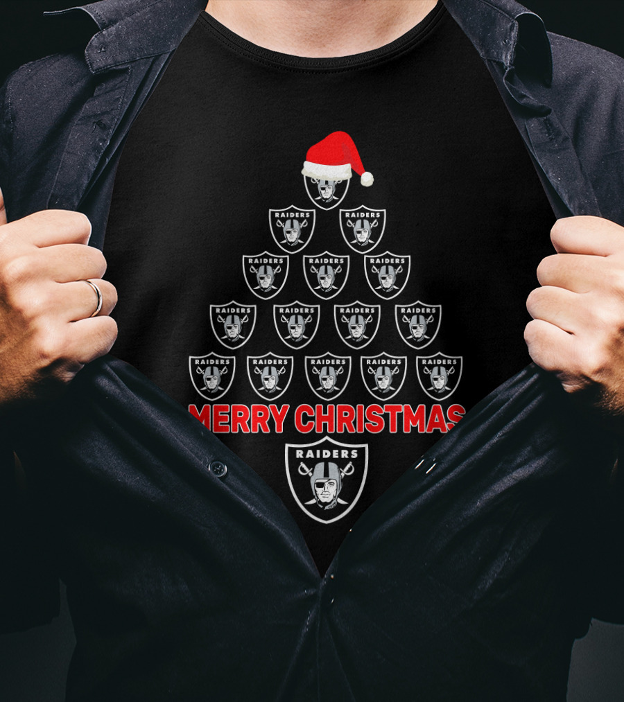 Merry Christmas Raiders Logo Tree With Santa Hat For Fans T-Shirt