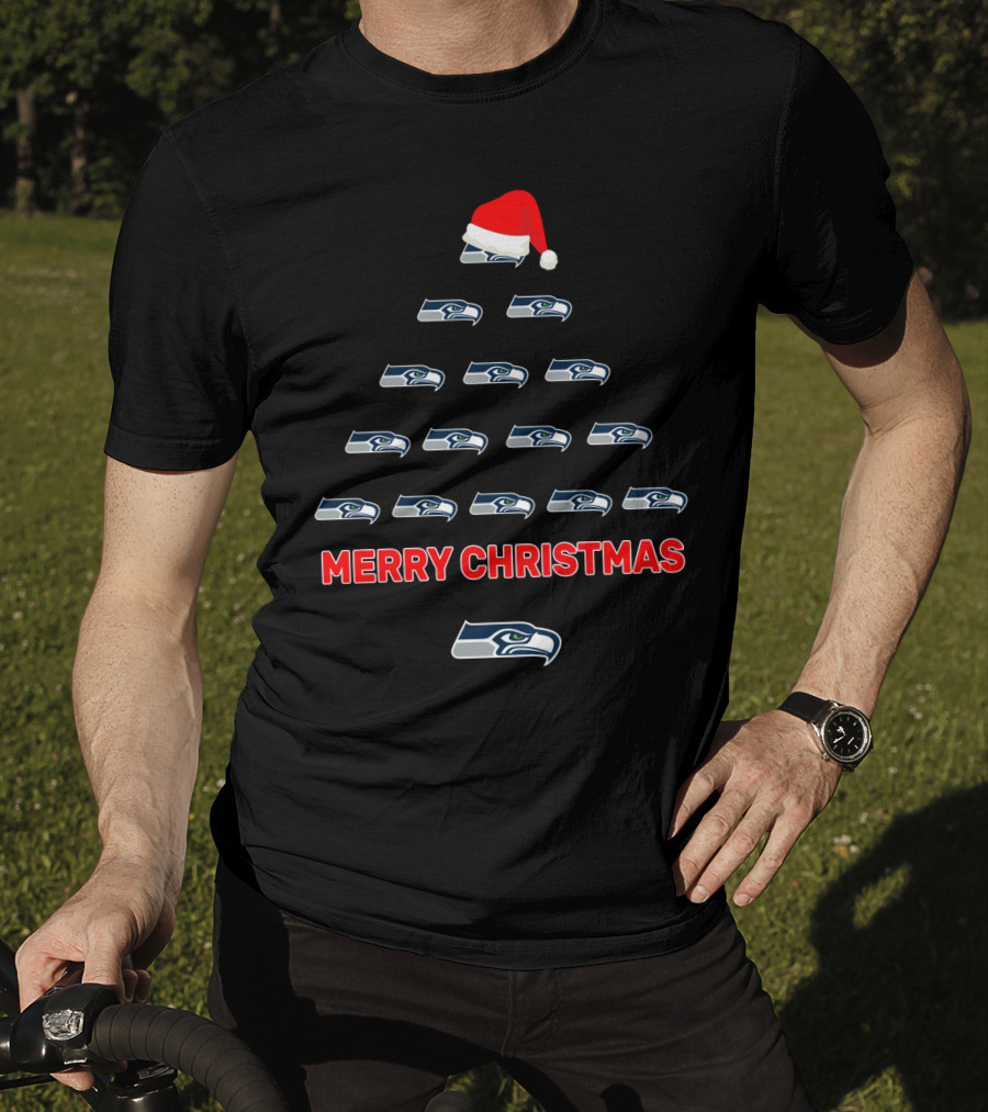 Merry Christmas Seattle Seahawks Logo Tree With Santa Hat T-Shirt