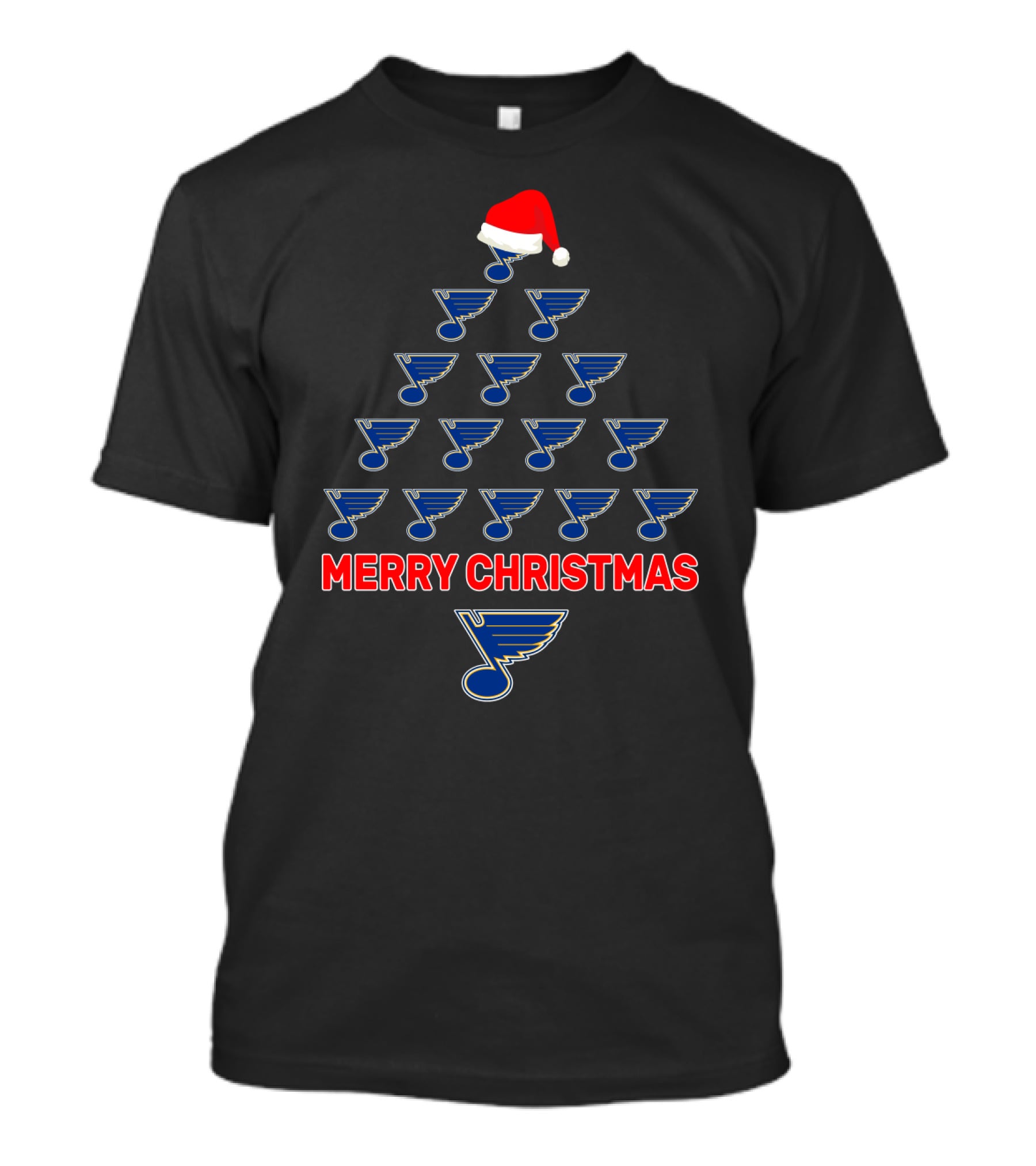 Merry Christmas Tree Made Of St. Louis Blues Logos With Santa Hat For Fans T-Shirt