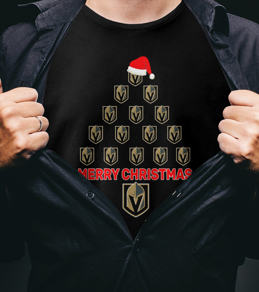 Merry Christmas Vegas Golden Knights Fans Tree With Santa Hat T-Shirt