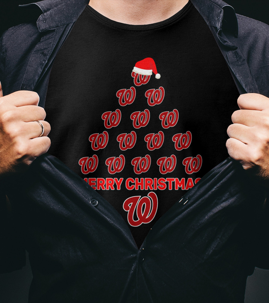 Washington Nationals Merry Christmas Tree With Santa Hat T-Shirt