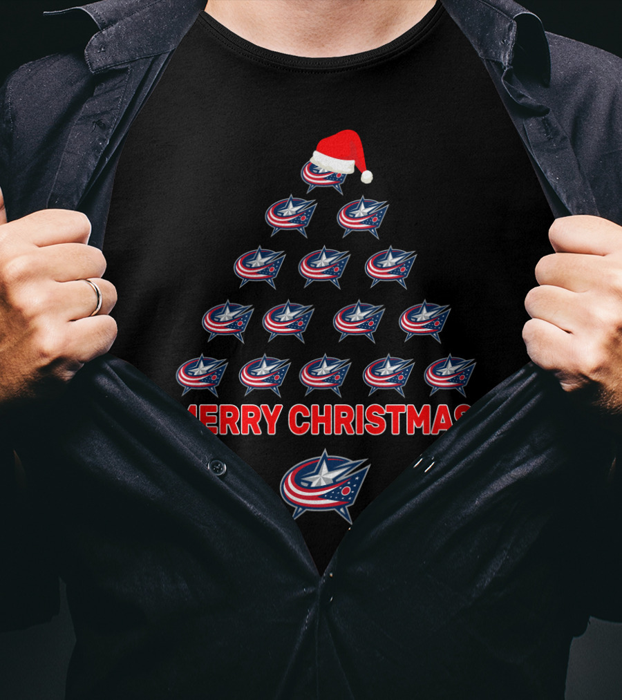 Columbus Blue Jackets Christmas Tree With Santa Hat And Merry Christmas Message T-Shirt
