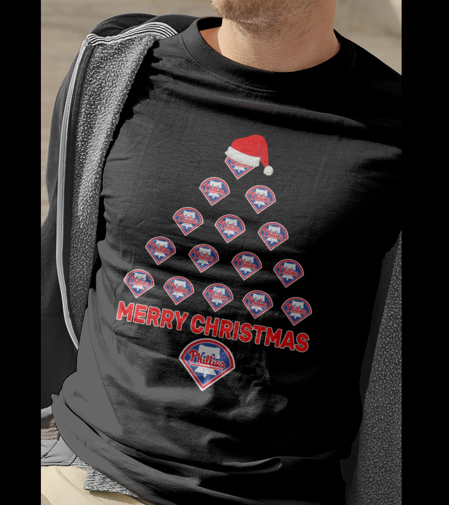 Philadelphia Phillies Logos Merry Christmas Tree With Santa Hat T-Shirt
