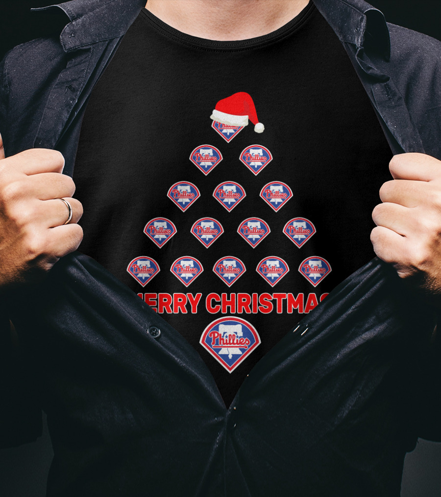 Philadelphia Phillies Logos Merry Christmas Tree With Santa Hat T-Shirt