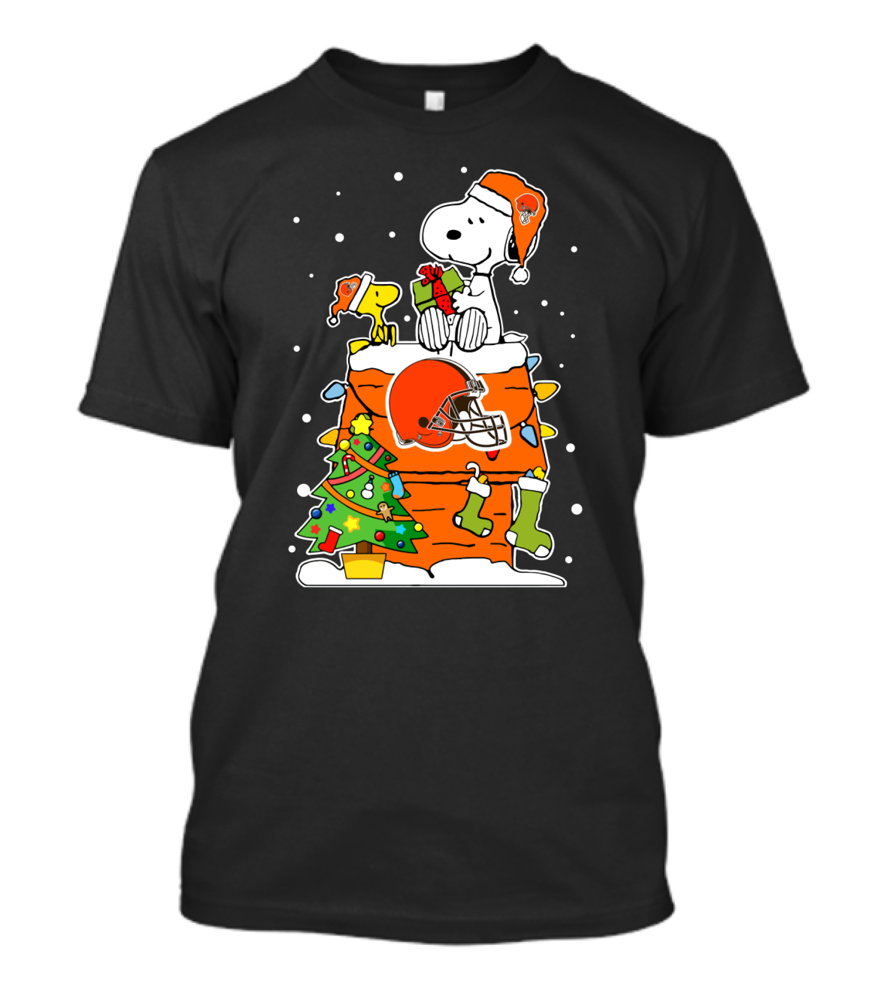 Snoopy And Woodstock Christmas With Cleveland Browns Football Holiday Scene T-Shirt