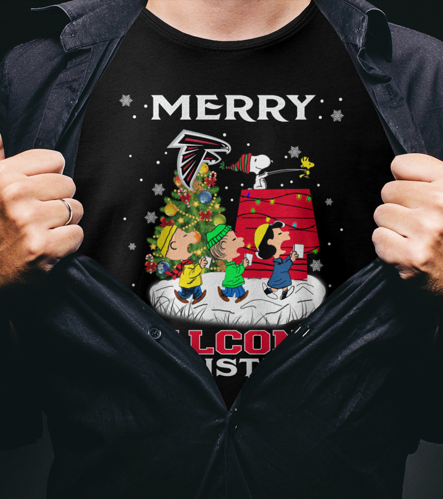 Merry Atlanta Falcons Christmas With Snoopy And Peanuts Characters T-Shirt