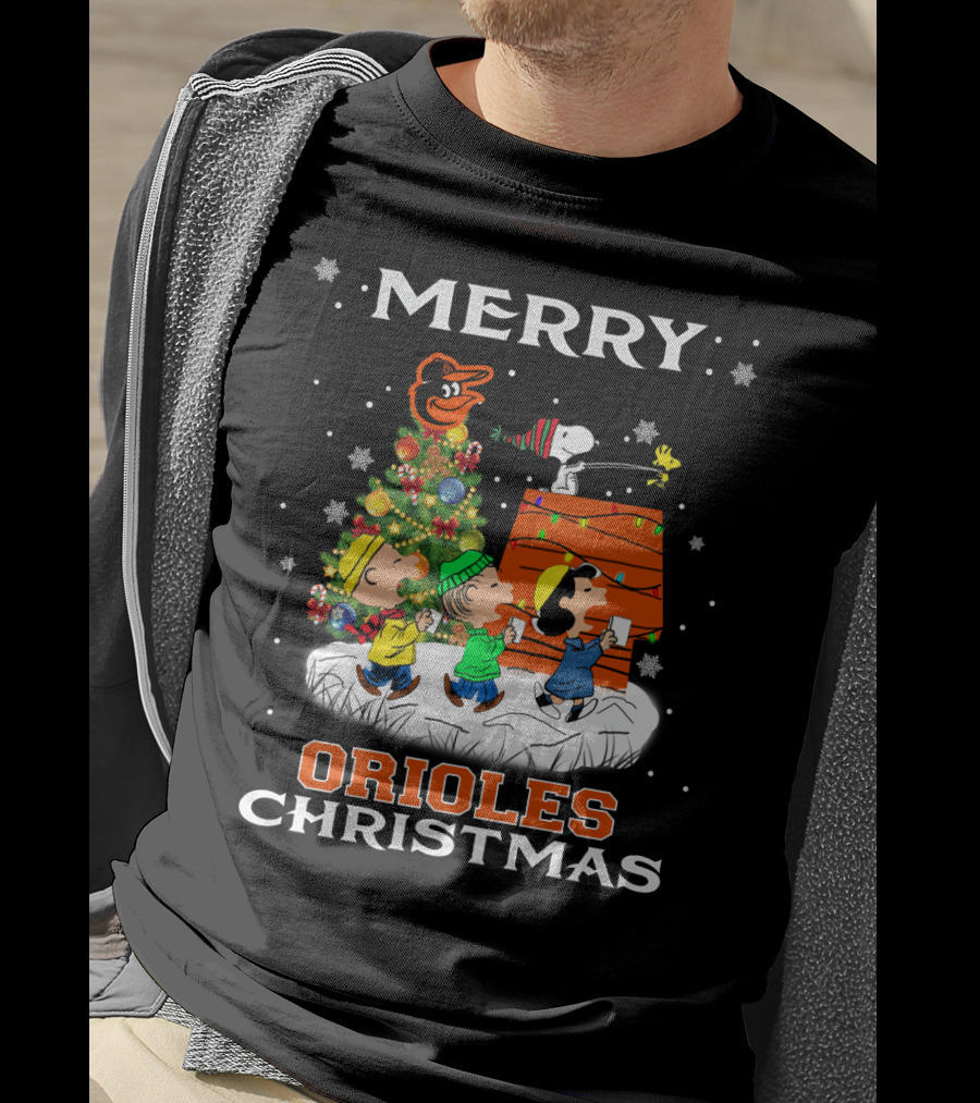 Merry Orioles Christmas Featuring Snoopy And Friends With Baltimore Logo And Festive Tree T-Shirt