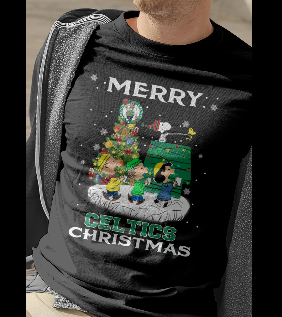 Merry Celtics Christmas Featuring Snoopy And Peanuts Gang T-Shirt