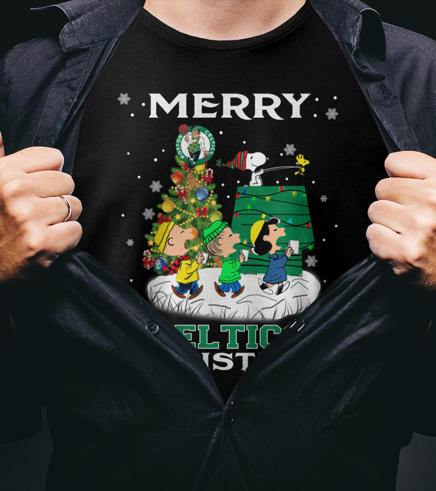 Merry Celtics Christmas Featuring Snoopy And Peanuts Gang T-Shirt