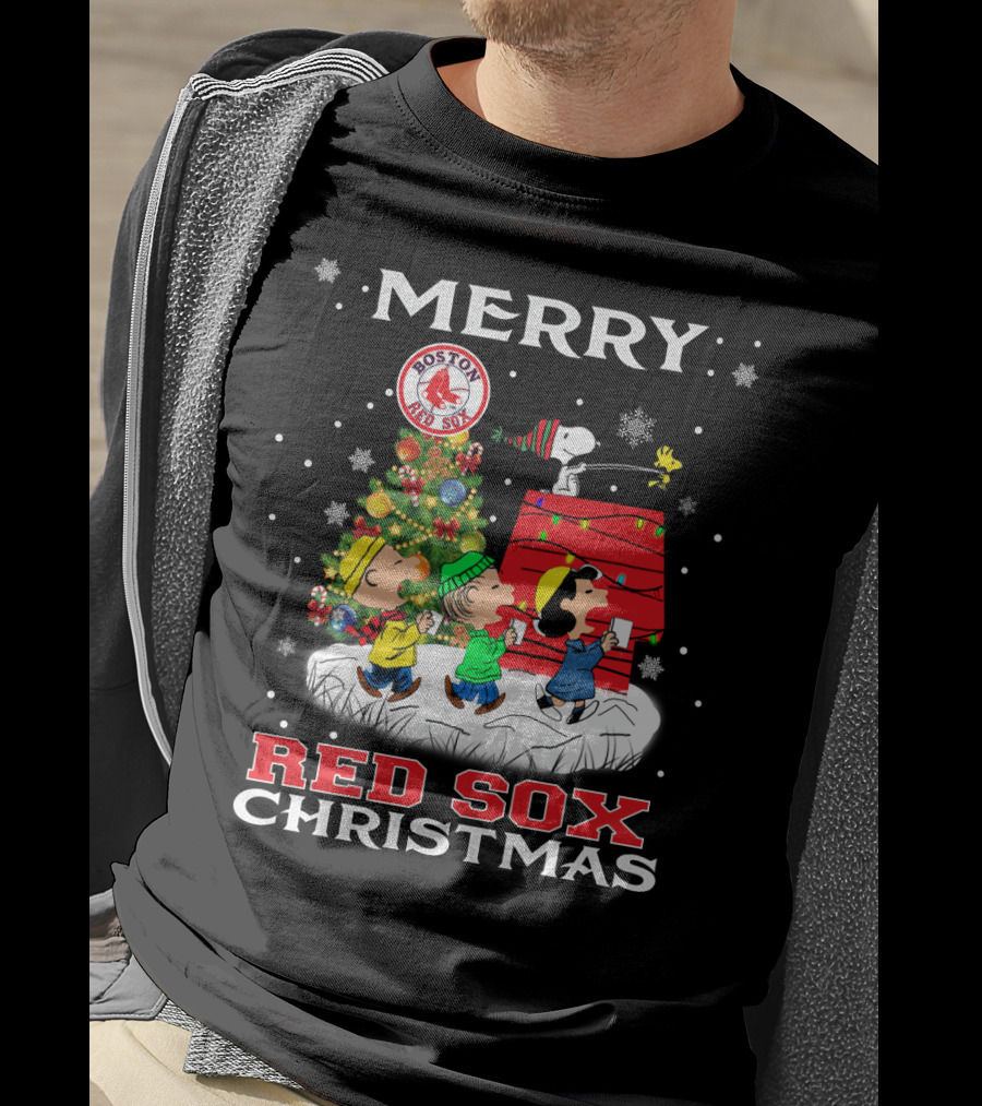 Merry Boston Red Sox Christmas Snoopy And Peanuts Characters Festive Holiday Scene T-Shirt