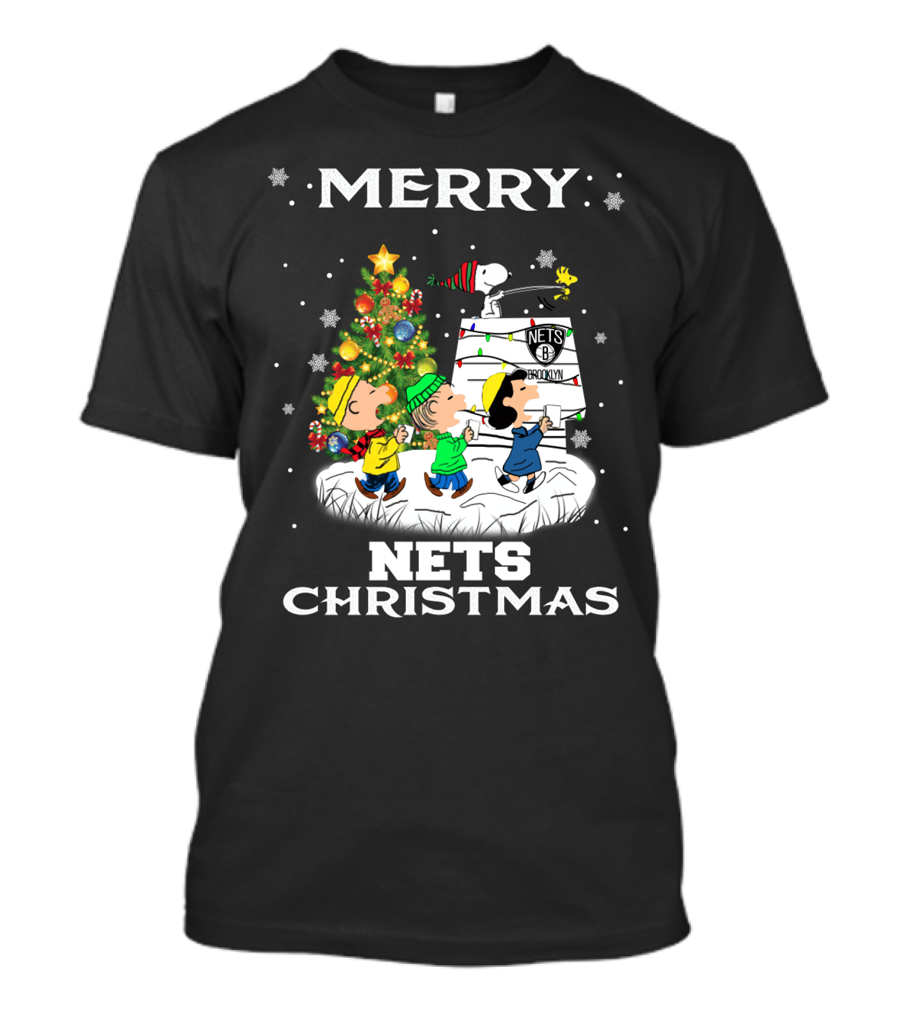 Merry Brooklyn Nets Christmas Snoopy Fans Peanuts Christmas Tree T-Shirt