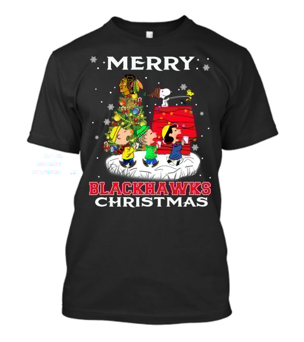 Merry Blackhawks Christmas Featuring Snoopy Woodstock And Friends With Chicago Blackhawks T-Shirt