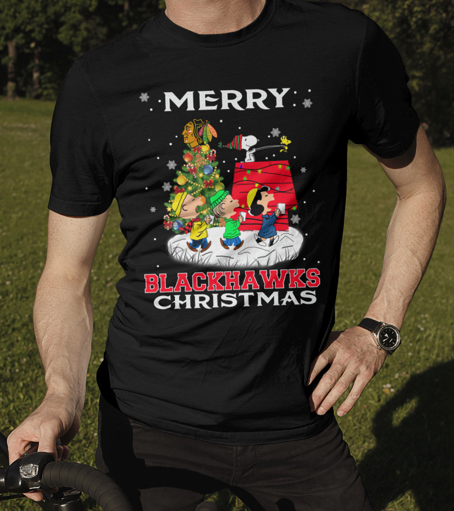 Merry Blackhawks Christmas Featuring Snoopy Woodstock And Friends With Chicago Blackhawks T-Shirt