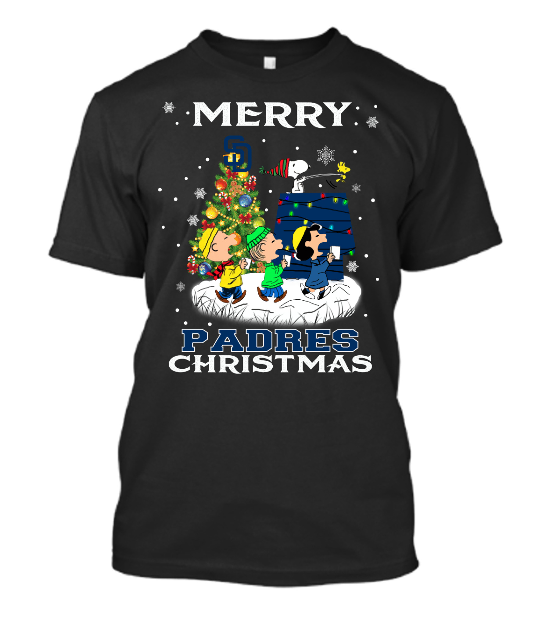 Merry San Diego Padres Christmas Featuring Snoopy And Peanuts Characters T-Shirt