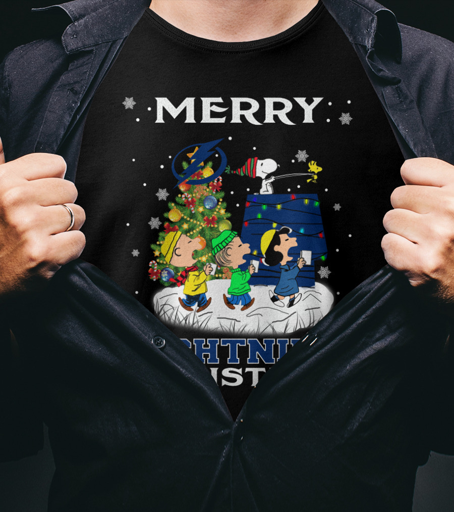 Merry Tampa Bay Lightning Christmas Snoopy And Friends With Holiday Tree T-Shirt