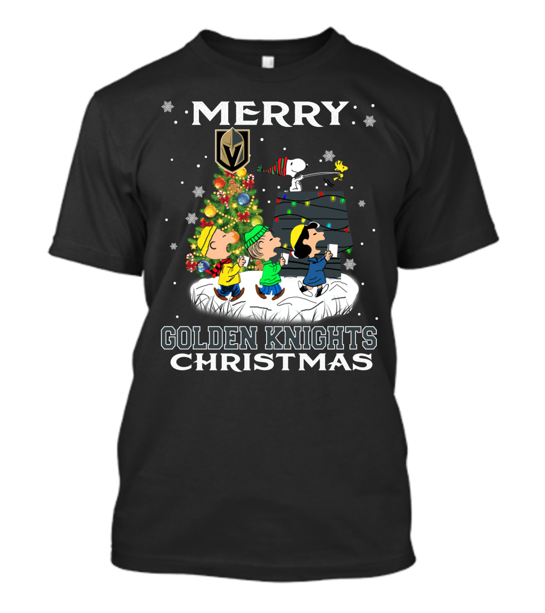 Merry Golden Knights Christmas Featuring Snoopy And Peanuts Characters With Christmas Tree T-Shirt