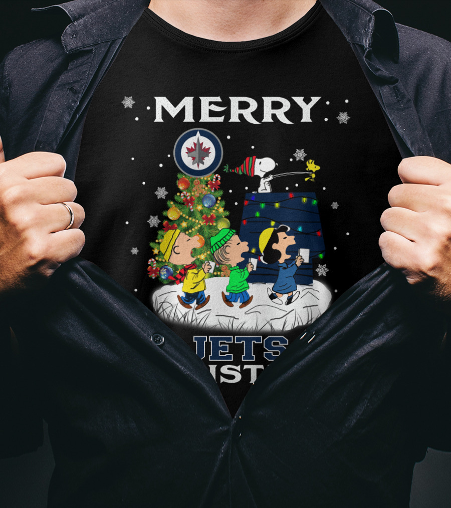 Merry Winnipeg Jets Christmas Featuring Snoopy And Peanuts Holiday Scene T-Shirt