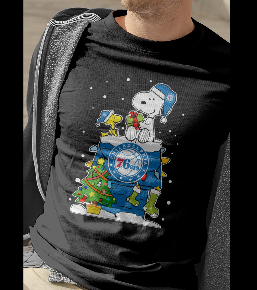 Philadelphia 76ers Snoopy Christmas Present With Tree And Woodstock T-Shirt