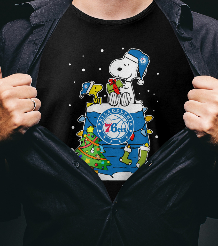 Philadelphia 76ers Snoopy Christmas Present With Tree And Woodstock T-Shirt