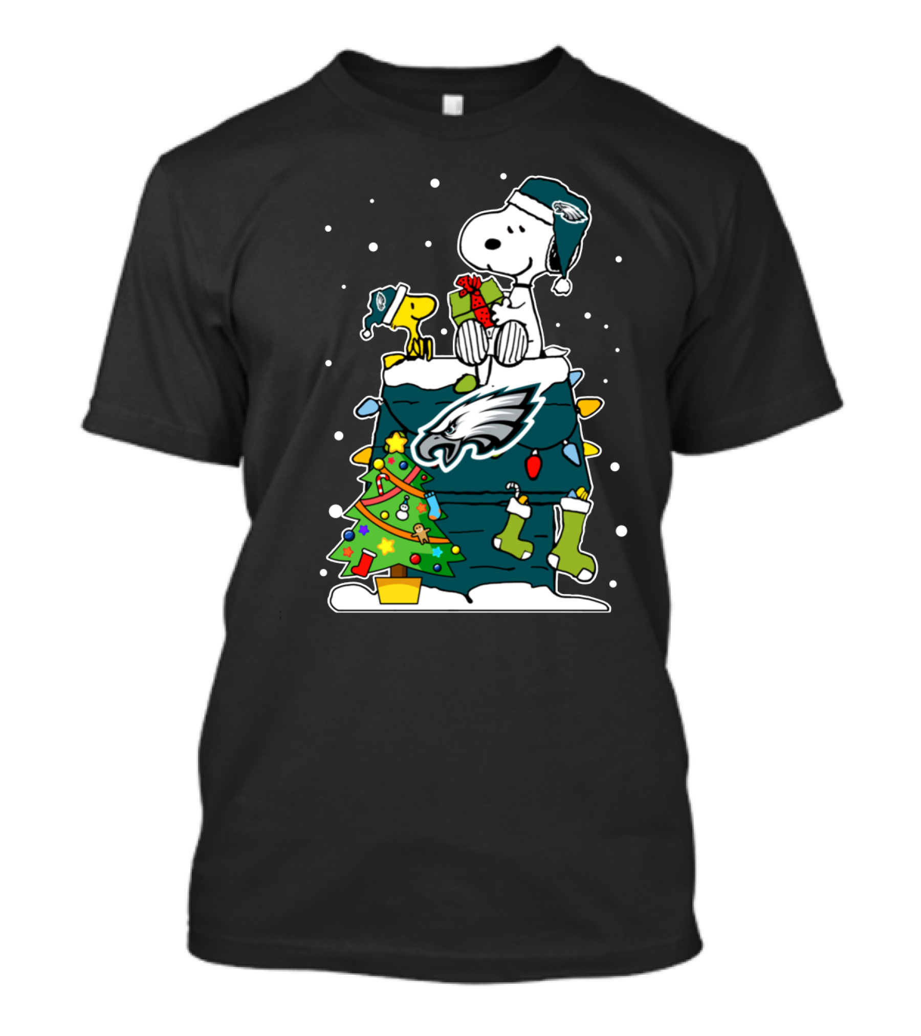 Philadelphia Eagles Snoopy Christmas Doghouse With Woodstock And Lights T-Shirt