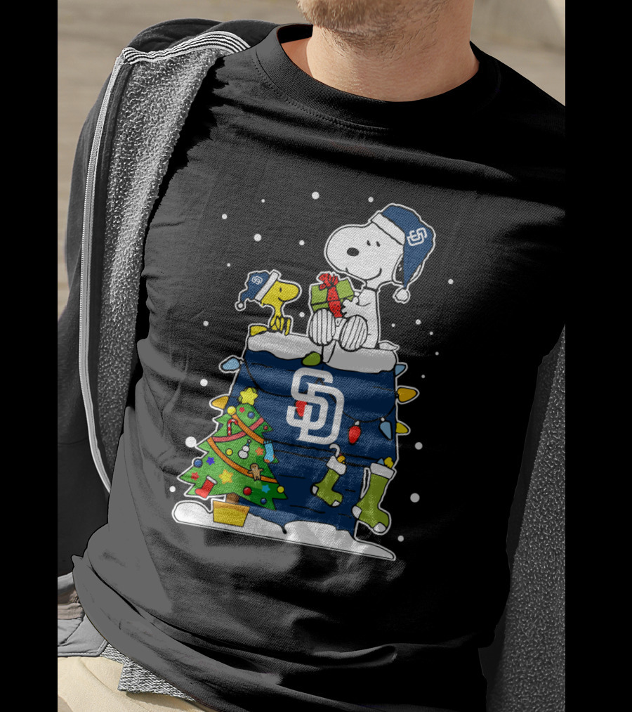 San Diego Padres Snoopy And Woodstock Christmas Scene With Gifts And Tree T-Shirt