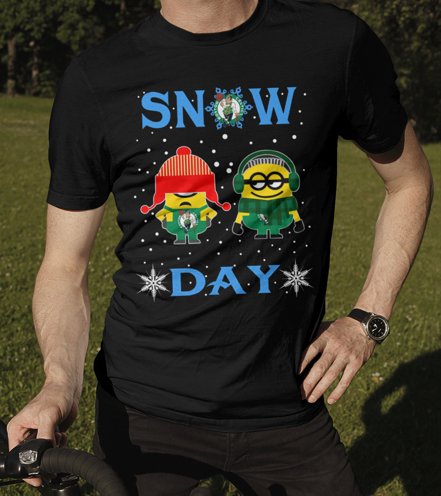 Boston Celtics Snow Day Featuring Minion Fans Celebrating Winter Fun T-Shirt