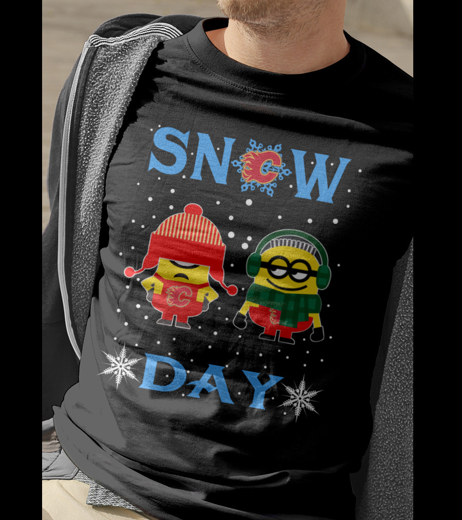 Calgary Flames Snow Day With Minions Fans Dressed For Winter Fun T-Shirt