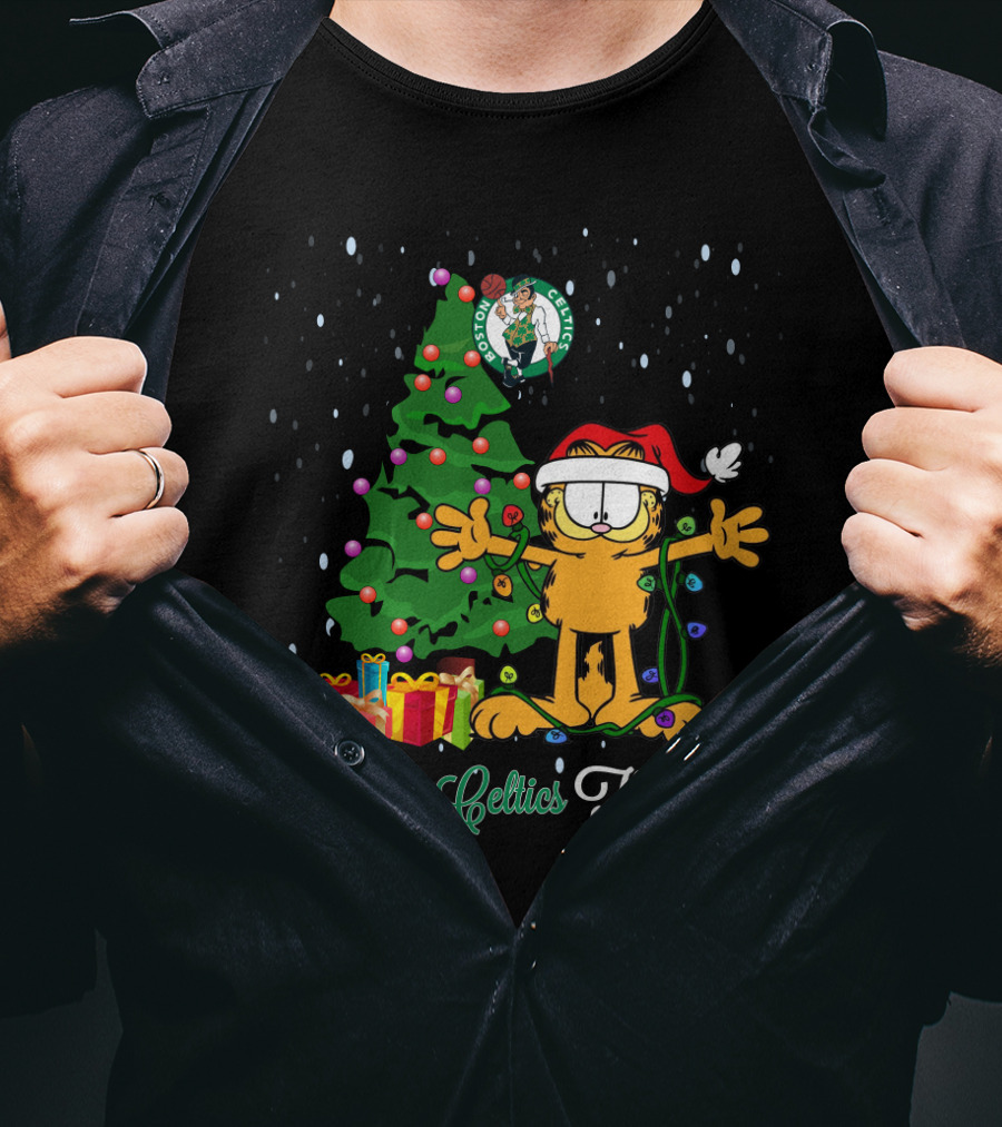 I Love Celtics This Big Garfield Xmas Tree Boston Celtics Fans T-Shirt