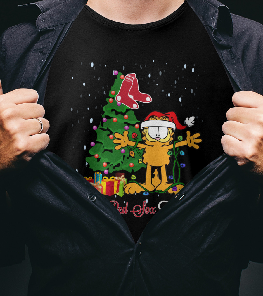 I Love Red Sox This Big Garfield Xmas Tree Santa Hat Presents Boston Fans T-Shirt