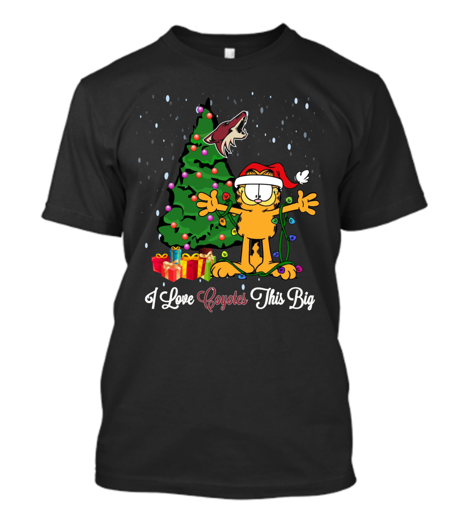 Festive Garfield With Santa Hat And Gifts Embraces Arizona Coyotes Christmas Spirit T-Shirt