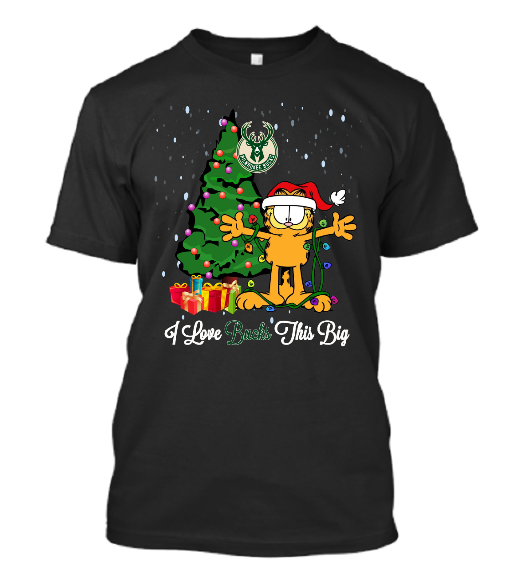 I Love Bucks This Big With Garfield Santa Milwaukee Bucks Christmas Tree T-Shirt