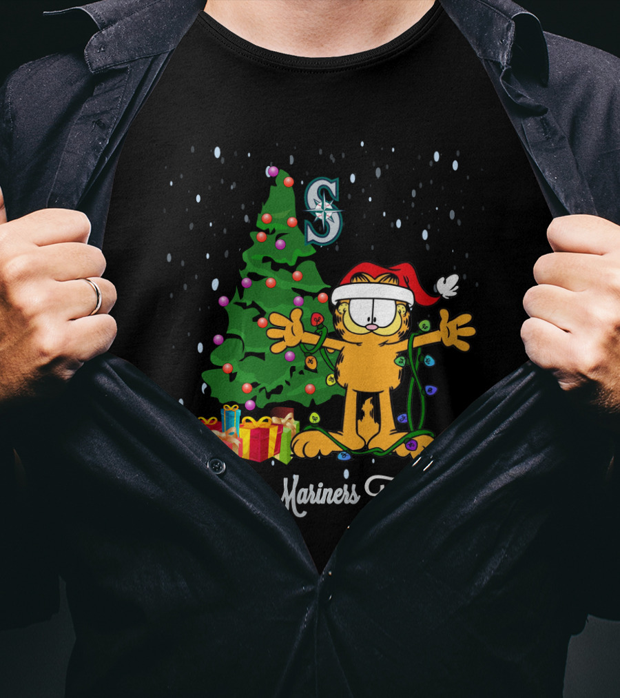 I Love Mariners This Big Garfield Santa Hat Seattle Mariners Christmas Tree T-Shirt