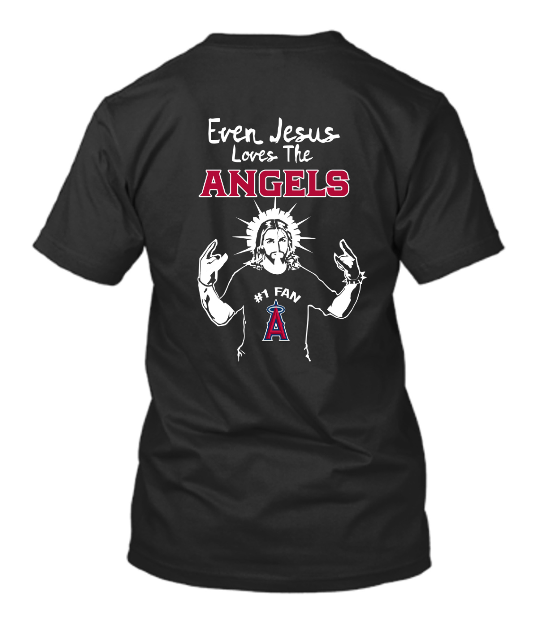 Even Jesus Loves The Los Angeles Angels #1 Fan With Halo And Hand Gestures T-Shirt