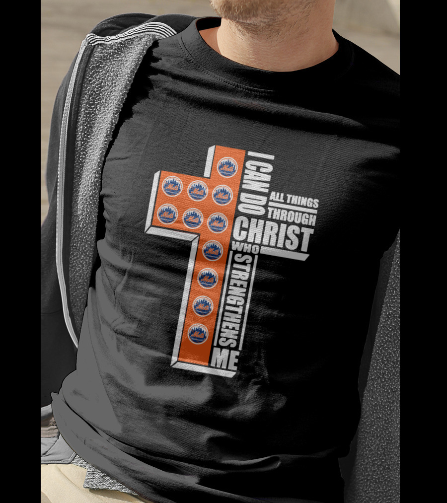 New York Mets I Can Do All Things Through Christ Who Strengthens Me Logos Cross T-Shirt